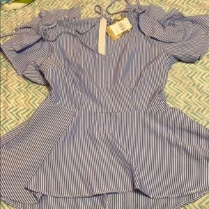 Blue And White V-Neck Blouse